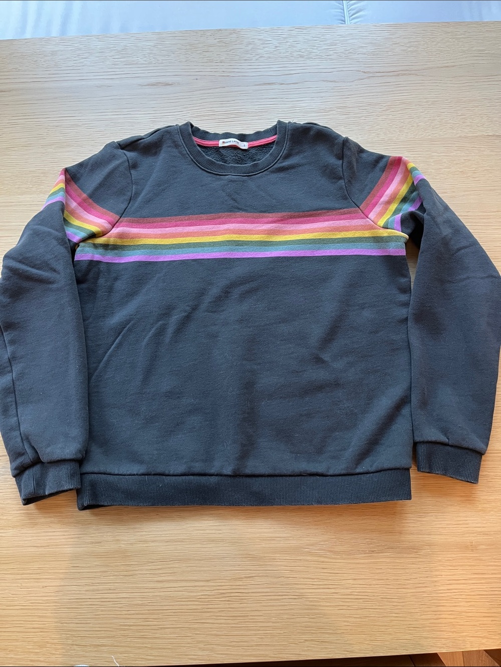 Marine Layer Charcoal Crewneck with Rainbow Chest Stripe